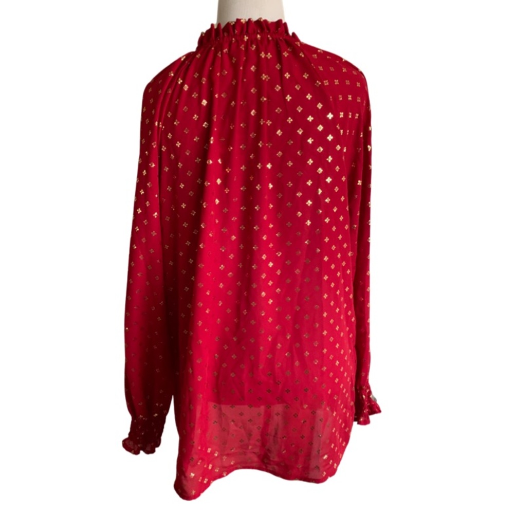 NWT Red Foil Ruffle Relaxed Fit Smocked Peasant Edwardian Holiday Blouse Sz Med - Picture 7 of 14